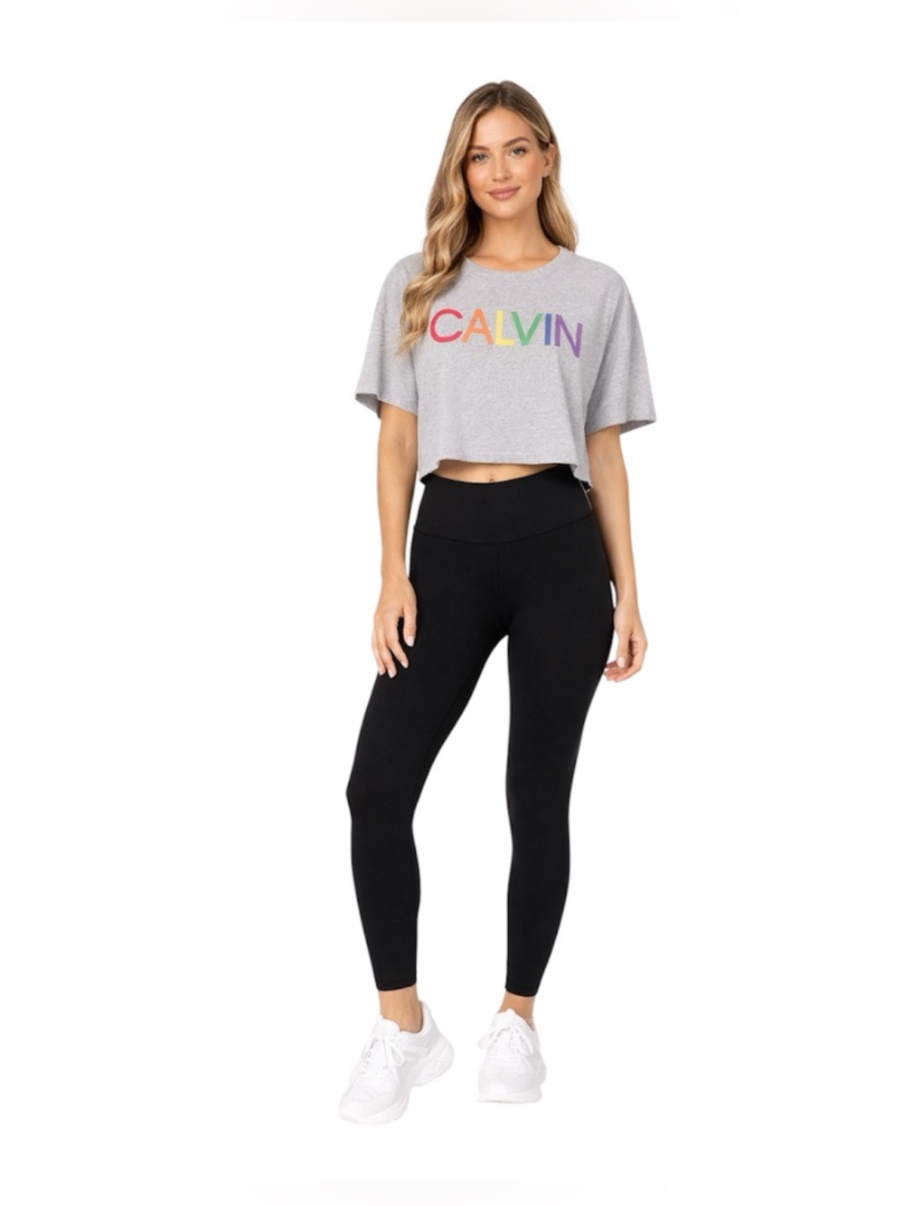 Calvin Klein Performance Crop Tee Gray Rainbow Logo Relaxed Fit Medium athletic